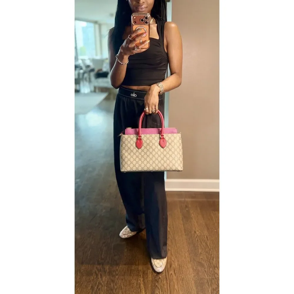 Authentic Gucci GG Supreme Tote Multicolor Pink Leather Top Handle Crossbody